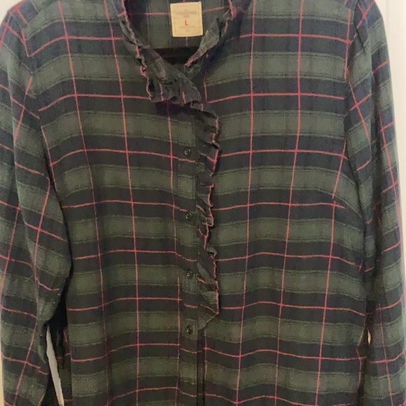 Gap red, green, and navy plaid button up shirt with ruffle detailing - Picture 5 of 6